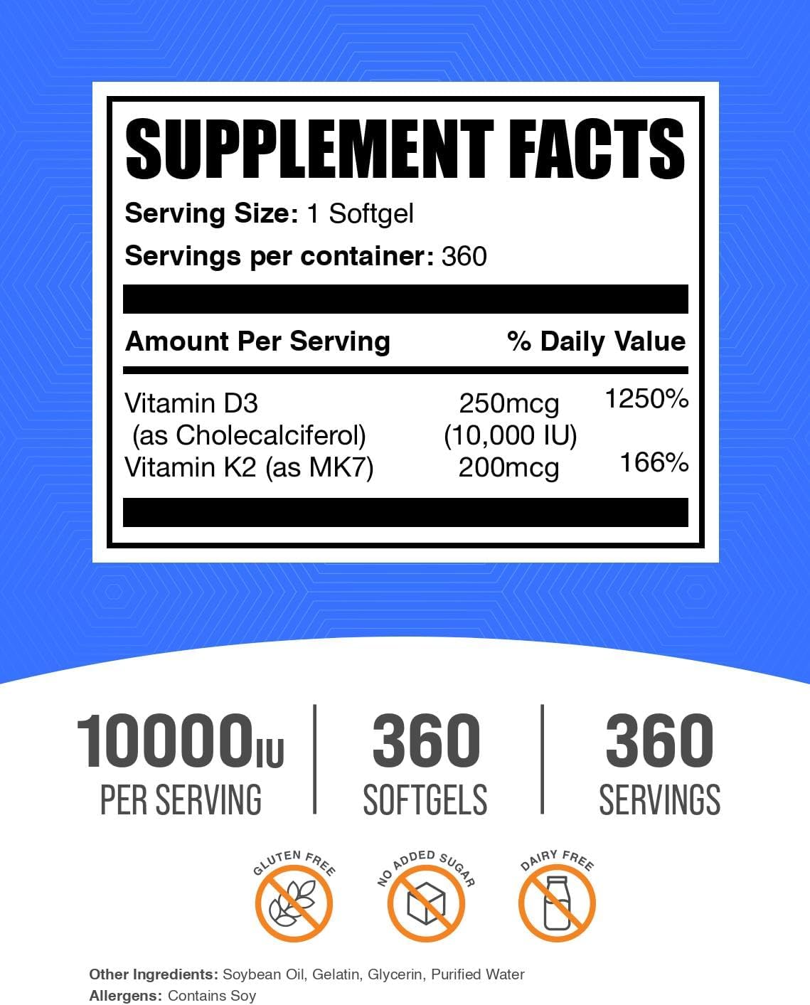 BulkSupplements.com Vitamin D3 + K2 10000 IU Softgels - K2 D3 Vitamin Supplement, for Immune Health - Gluten Free, 1 Softgel per Serving, 360 Count (Pack of 1)