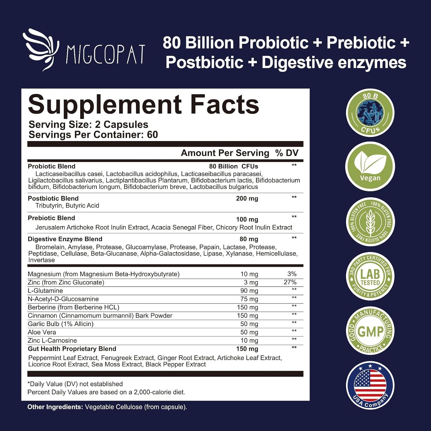 Migcopat Probiotic Prebiotic, Postbiotic & Digestive Enzymes for Digestive Health, 80 Billion CFU Probiotics Complete Gut Support with Berberine, Cinnamon, L-Glutamine, for Men & Women, 120 Capsules