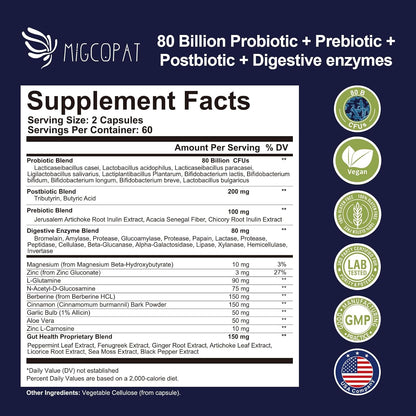 Migcopat Probiotic Prebiotic, Postbiotic & Digestive Enzymes for Digestive Health, 80 Billion CFU Probiotics Complete Gut Support with Berberine, Cinnamon, L-Glutamine, for Men & Women, 120 Capsules
