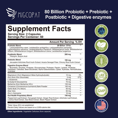 Migcopat Probiotic Prebiotic, Postbiotic & Digestive Enzymes for Digestive Health, 80 Billion CFU Probiotics Complete Gut Support with Berberine, Cinnamon, L-Glutamine, for Men & Women, 120 Capsules
