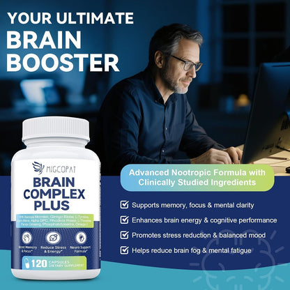 Brain Supplements for Memory and Focus | Nootropic with Bacopa Monnieri, Lion's Mane, Alpha GPC, Ginkgo Biloba | Mental Clarity & Cognitive Support | Vitamin B6 & B12 Neuro Health - Non-GMO, 120 Caps