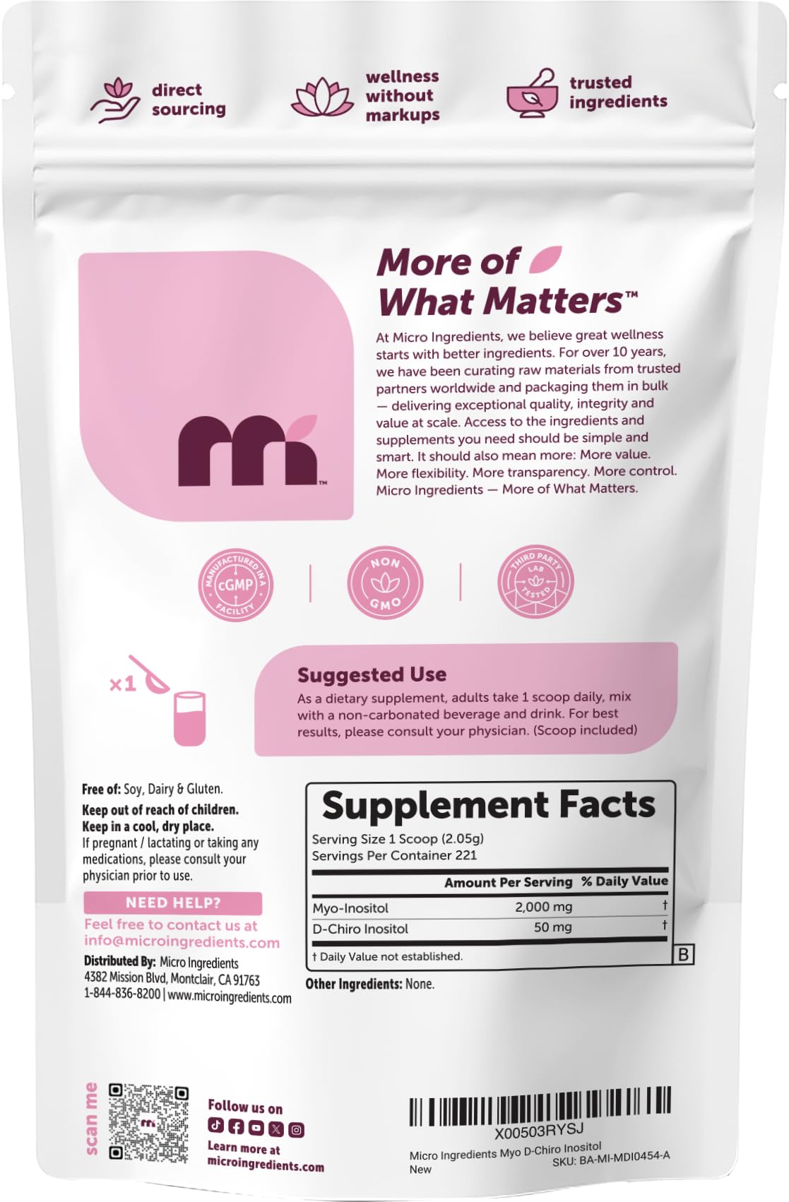 Micro Ingredients Myo-Inositol & D-Chiro Inositol Powder 1lb, 221 Servings | 40:1 Ideal Ratio Inositol Supplement for Women* | Support Hormonal Balance & Ovarian Health* | Non-GMO, Vegan, Filler-Free