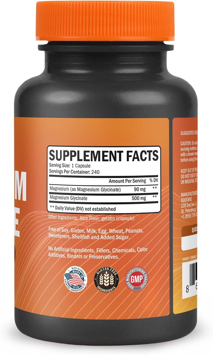 Magnesium Glycinate 500mg Per Serving, 240 Capsules