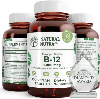 Natural Nutra Vitamin B12 1000 mcg, 100 Vegan Tablets | Promote Heart & Nerve Health, Cobalamin B12 Supplement, Help in Metabolism Health, Optimal Absorption, Gluten-Free,Sugar-Free