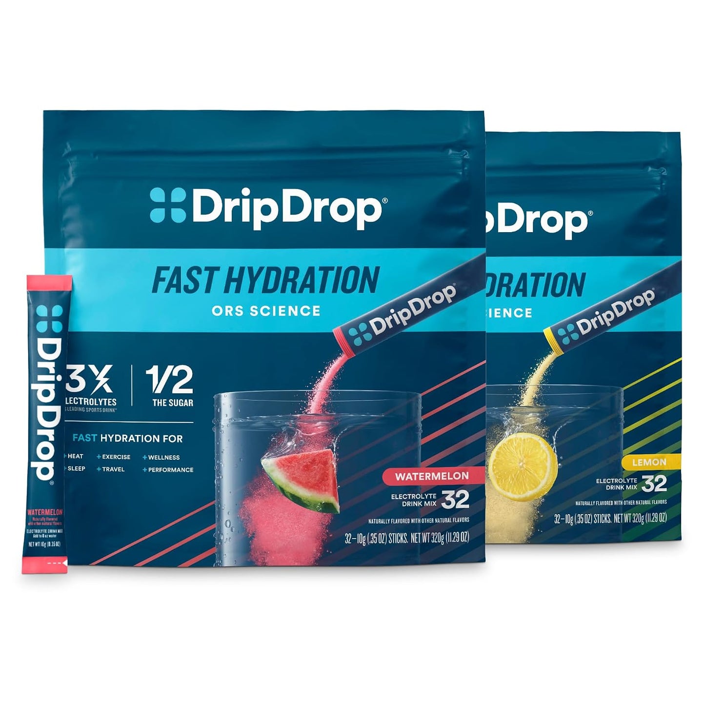 DripDrop Hydration Watermelon & Lemon Bundle, Electrolyte Packets, 64 Count | Lemon, Watermelon; 3X Electrolytes; Potassium, Magnesium, Zinc, Vitamin C; Single Serve; Daily Use, Workouts, Travel