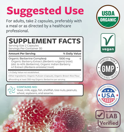 PURE CO Certified Organic Berberine Supplement Capsules - High Strength Berberine Complex with Organic Barberry Extract Providing 1000mg per Serving - NSF Lab Verified Vegan & Non-GMO (30 Servings)