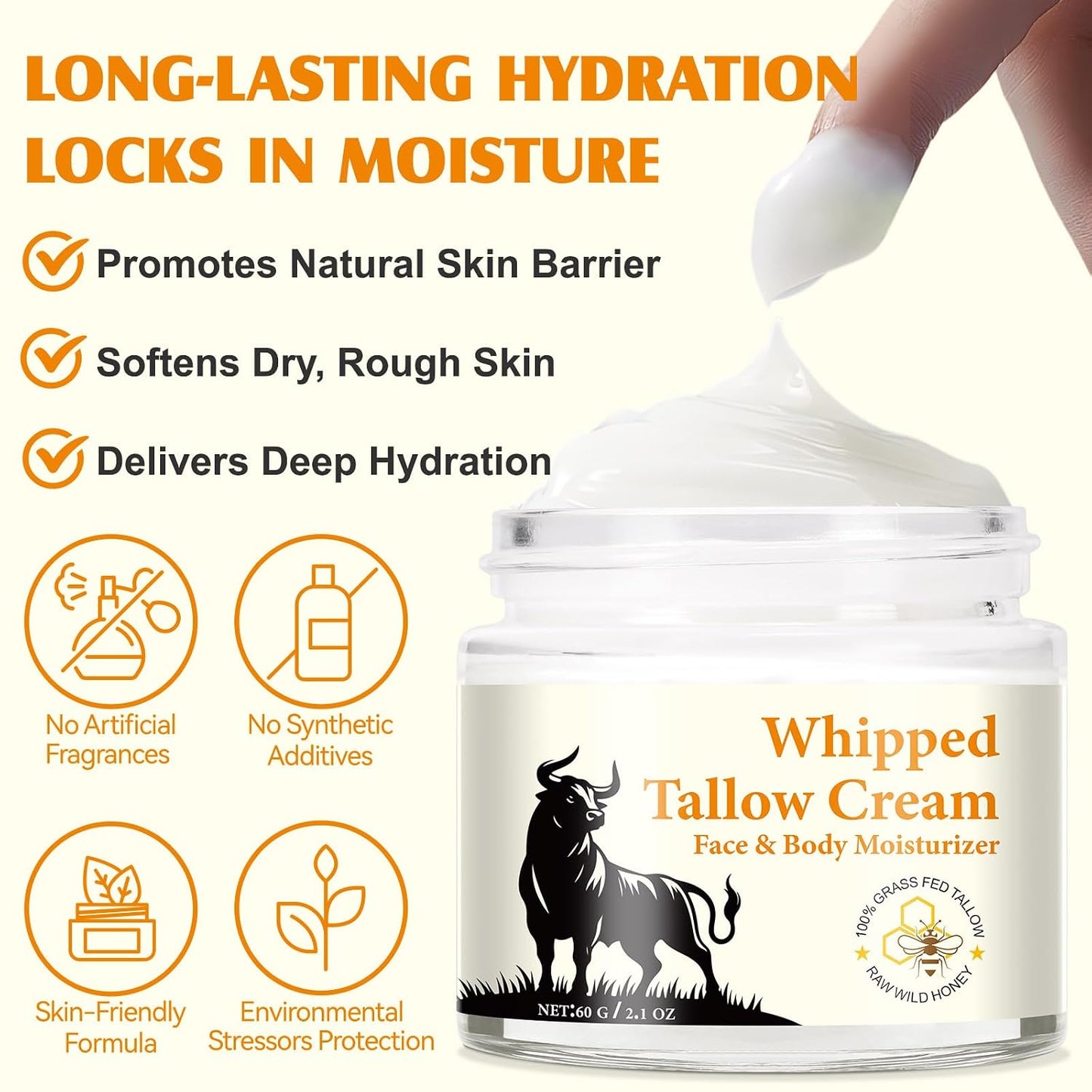 HUYEHF Beef Tallow for Skin, Beef Tallow and Honey Balm for Skin & Face Deeply Nourishing Face Body Moisturizer, for Dry Care & Anti-Aging- 60g