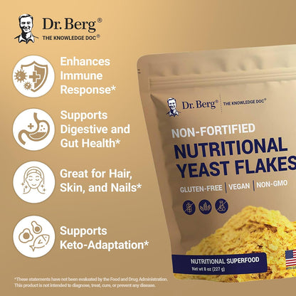 Dr. Berg Premium Nutritional Yeast Flakes - Delicious Non-Fortified Nutritional Yeast with Naturally Occurring B Vitamins - 8oz