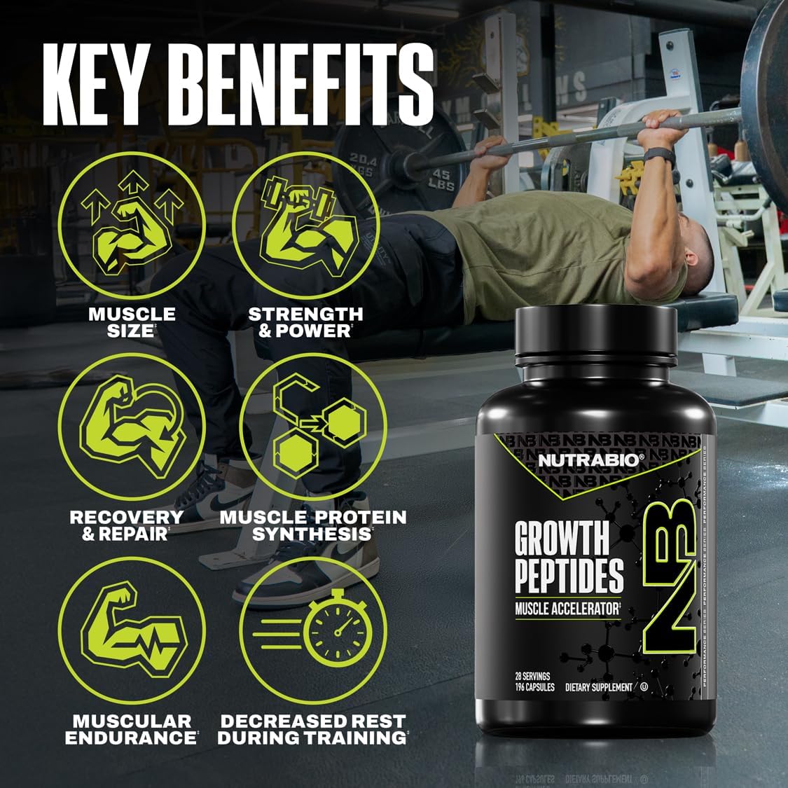 NutraBio Growth Peptides |Muscle Accelerator with DiLeucine & PeptiStrong | Peptides for Muscle Growth Men & Women- 28 Servings- 196 Capsules