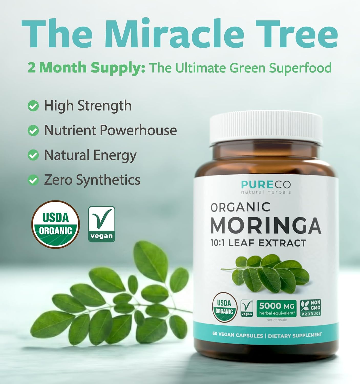 USDA Organic Moringa Capsules - High Potency Organic Moringa 500mg Extract 10:1 Per 1 Capsule Serving - Nutrient Dense Green Superfood Antioxidant - Vegan & Non-GMO Moringa (2 Month Supply)