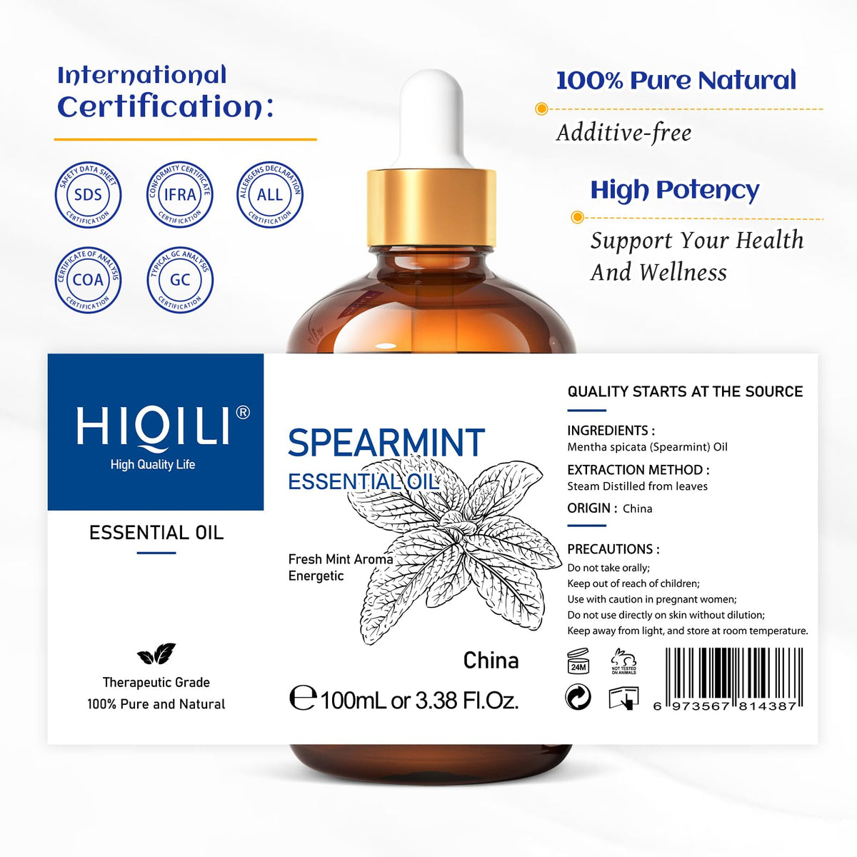 HIQILI 100ML Spearmint Essential Oil for Skin Care -100% Pure Treatment Grade - 3.38 Fl Oz.
