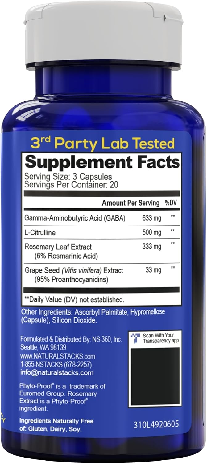 GABA Brain Food, Sleep & Relaxation Support with L-Citrulline, 120 Count | 633mg Gamma Aminobutyric Acid Supplement with Grape Seed Extract - Supports Sleep Function & Mood - Natural Stacks