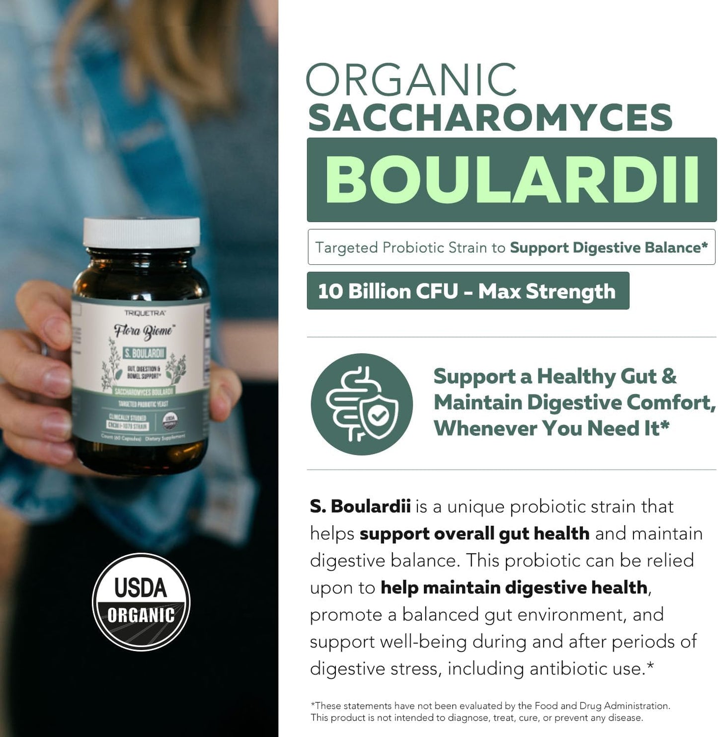 Organic Saccharomyces Boulardii - 10 Billion CFU - Clinically Validated CNCM I-1079 Probiotic Strain - Gut, Digestion & Healthy Bowel Support - First Organic Form of S. Boulardii Probiotic - 60 Count