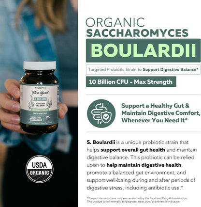 Organic Saccharomyces Boulardii - 10 Billion CFU - Clinically Validated CNCM I-1079 Probiotic Strain - Gut, Digestion & Healthy Bowel Support - First Organic Form of S. Boulardii Probiotic - 60 Count