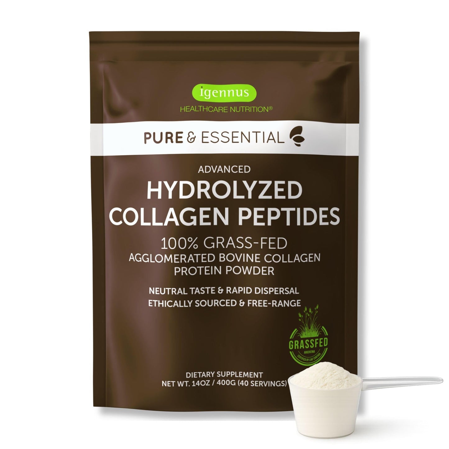 Igennus Free Range Grass Fed Hydrolyzed Bovine Collagen Peptides, Neutral Taste, 100% Highest Grade Bovine Collagen Protein Powder, Types 1, 2 & 3, Clean Label, Non-GMO, Free Range, 40 Servings