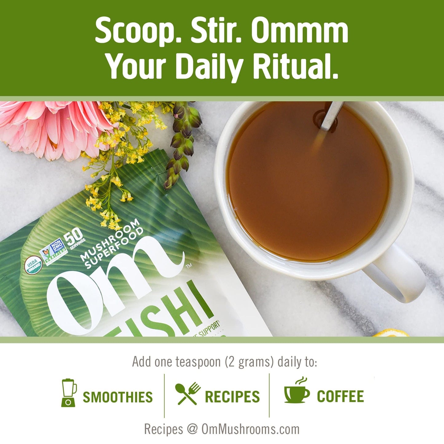 Om Mushroom Superfood Reishi Organic Mushroom Powder, 100 Servings, Organic Adaptogen Powder for Stress Relief and Immune Health