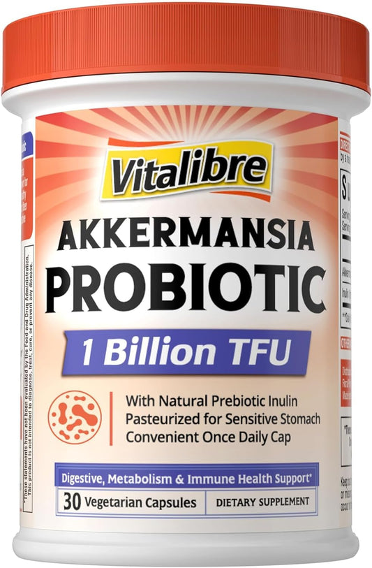 Vitalibre Akkermansia Muciniphila Probiotic 1 Billion TFU, w/Natural Prebiotic Inulin, Naturally Increases GLP-1, Healthy Digestion & Metabolism, Probiotic Supplement for Women & Men, 30 Capsules