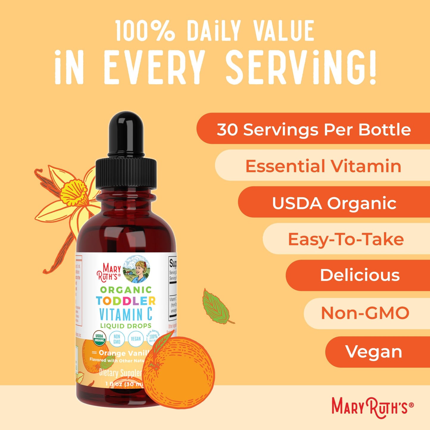 MARYRUTH'S Organic Toddler Vitamin C Drops for Immunity | Ages 1-3 Years | 15 mg Per Serving | Vitamin C for Immune Support & Overall Health | Vegan | Sugar Free | Gluten Free | Non-GMO | 30 Servings