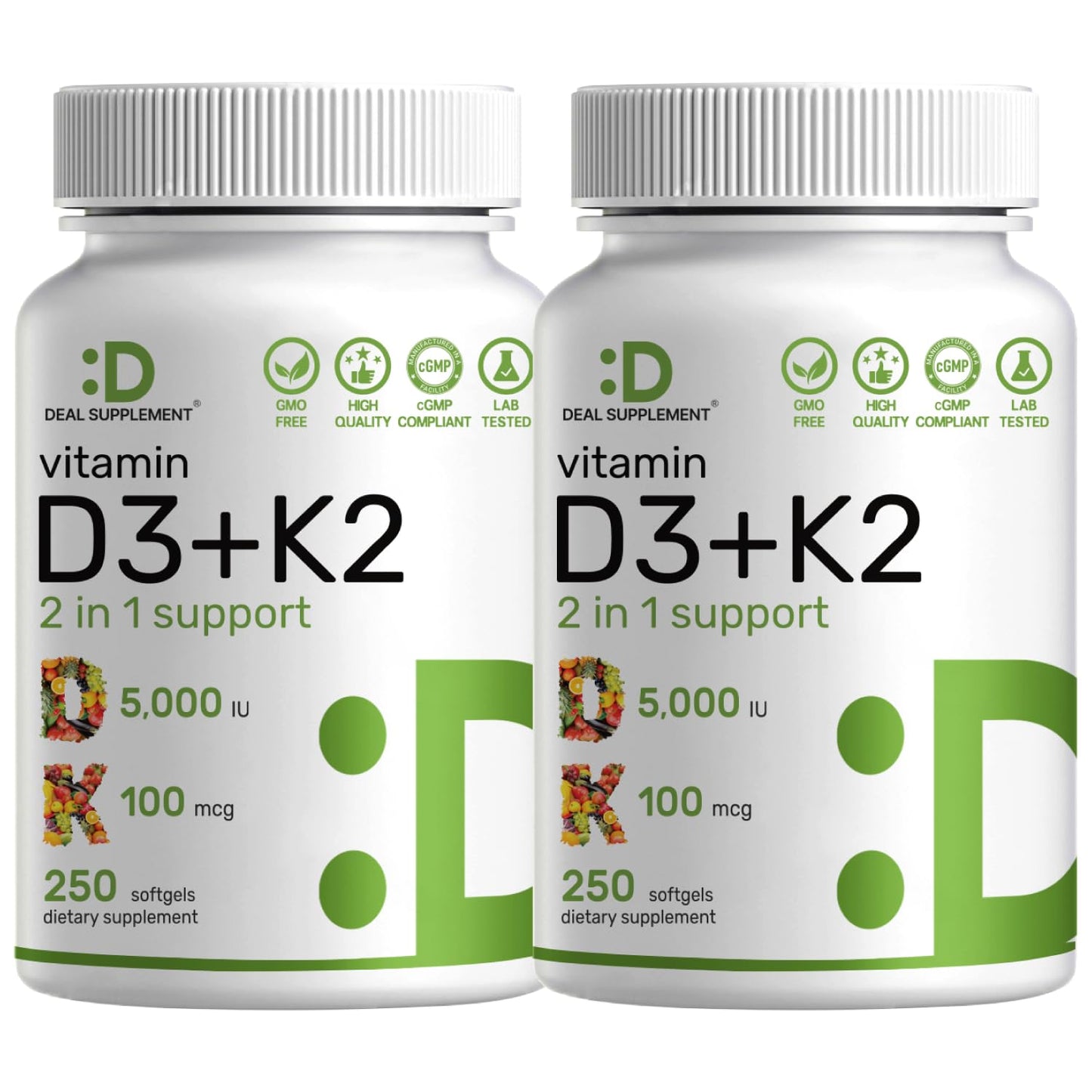 DEAL SUPPLEMENT Vitamin D3 5,000 IU + K2 MK7 Softgels, 250 Count | 2-in-1 Complex | Easy to Swallow