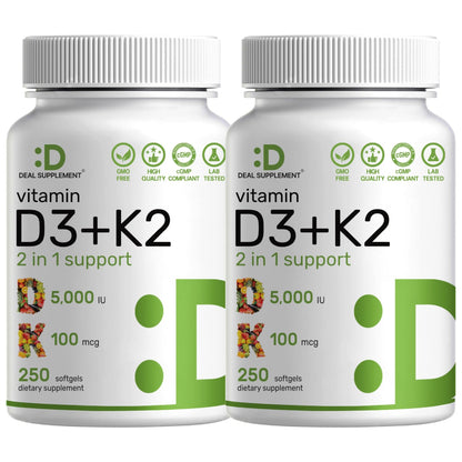 DEAL SUPPLEMENT Vitamin D3 5,000 IU + K2 MK7 Softgels, 250 Count | 2-in-1 Complex | Easy to Swallow