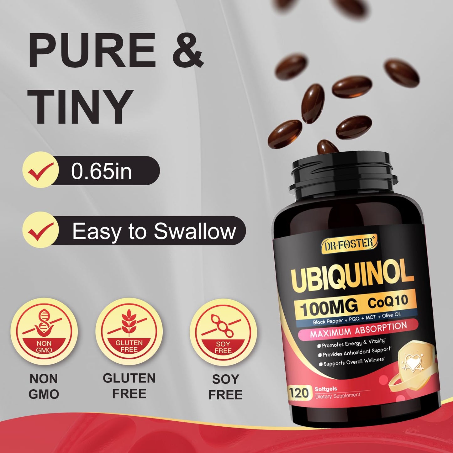 DRFOSTER CoQ10 100mg Ubiquinol - Coenzyme Q10 Co Q 10 Supplement Cq10 with PQQ & Vitamin E & Black Pepper - 120 Count