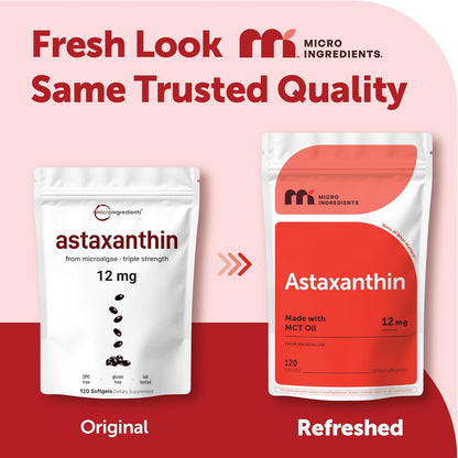 Micro Ingredients Astaxanthin 12mg with MCT Oil, 120 Softgels, 4 Month Supply | Premium Astaxanthin Antioxidant Supplements* | Fresh Microalgae Source | Triple Strength, Non-GMO, Gluten Free, No Soy