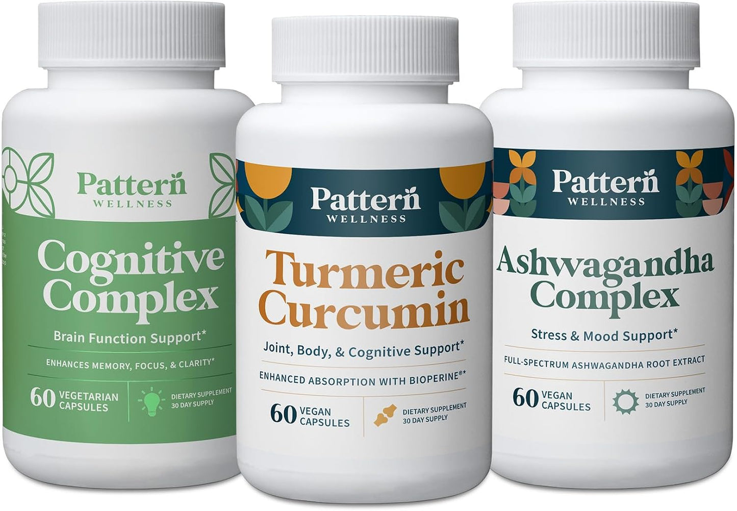 Pattern Wellness Cognitive Health Bundle - Cognitive Complex, Turmeric Curcumin, & Ashwagandha - Brain Function Support - 3 Pack, All-Natural, Plant-Based Formulas