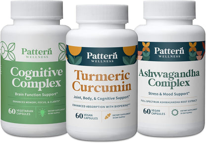 Pattern Wellness Cognitive Health Bundle - Cognitive Complex, Turmeric Curcumin, & Ashwagandha - Brain Function Support - 3 Pack, All-Natural, Plant-Based Formulas