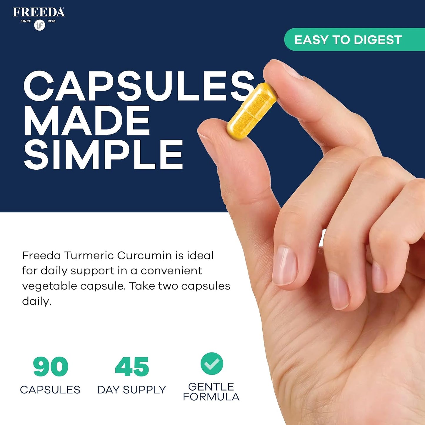 FREEDA Turmeric Curcumin Supplement 1000mg with Black Pepper - 90 Caps | Vegan Turmeric Curcumin Supplement with Organic Turmeric Root, Curcumin Extract & Black Pepper for Daily Mobility