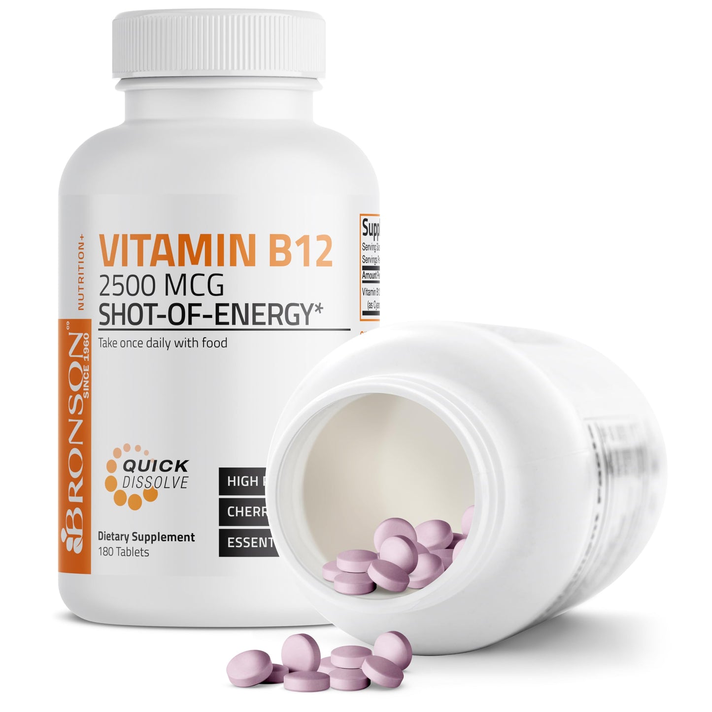 Vitamin B12 2500mcg Shot of Energy Fast Dissolve Chewable Tablets - Quick Release Cherry Flavored Sublingual B12 Vitamin - Supports Nervous System, Healthy Brain Function Energy Production – 90 Count
