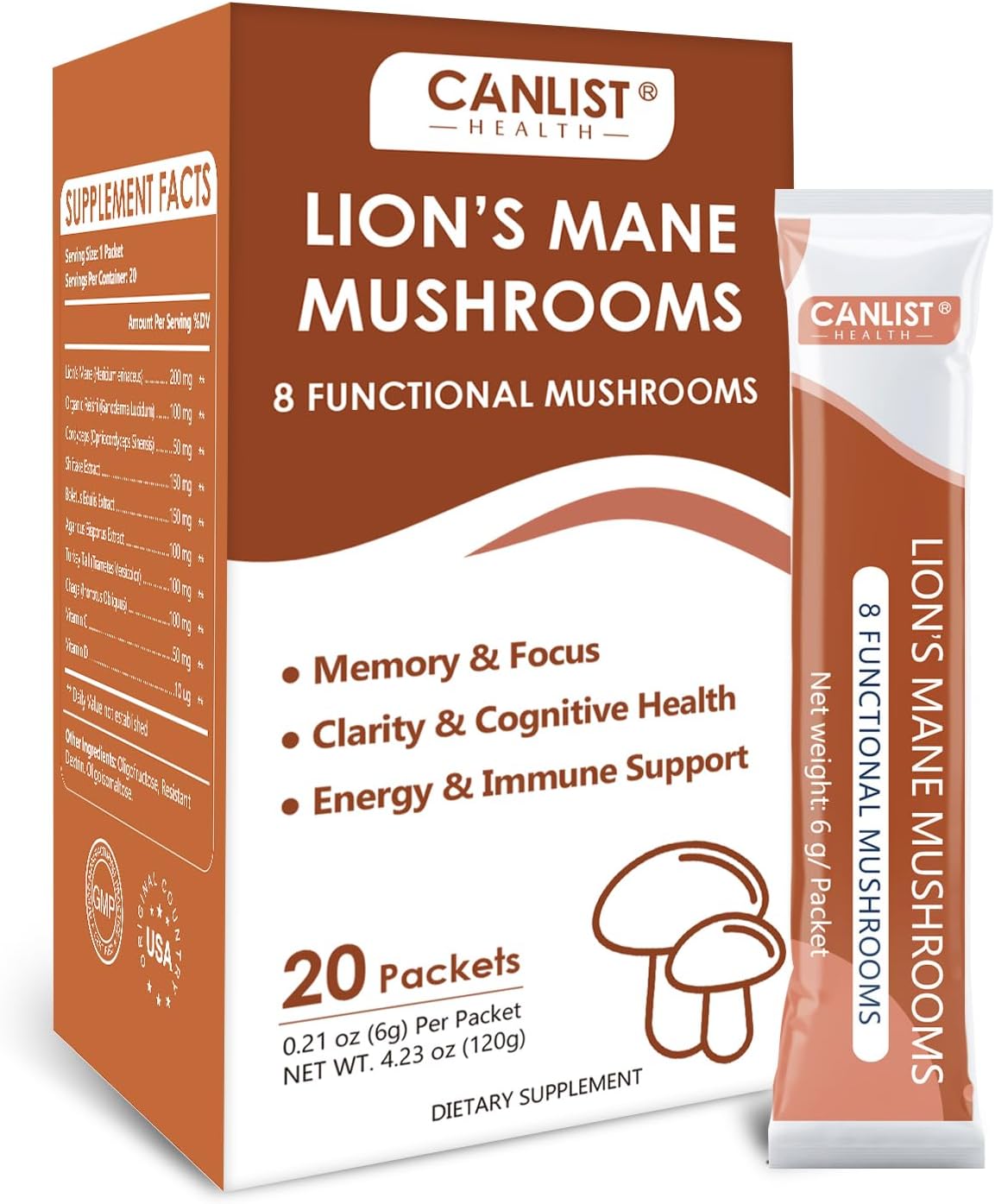 CANLIST Lion's Mane Mushroom Powder with Lions Mane, Cordyceps, Chaga, Reishi, Shiitake, Boletus, Agaricus Bisporus, Turkey Tail for Better Energy, Cognitive Focus & Immune Support, 20 Packets