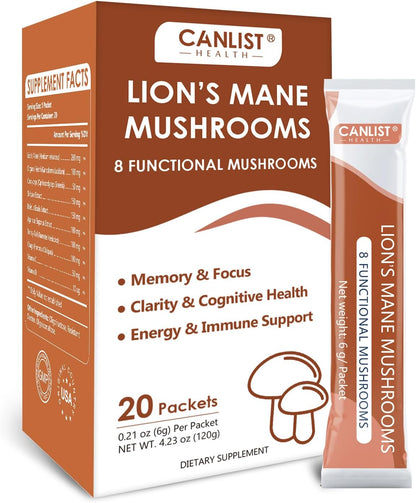 CANLIST Lion's Mane Mushroom Powder with Lions Mane, Cordyceps, Chaga, Reishi, Shiitake, Boletus, Agaricus Bisporus, Turkey Tail for Better Energy, Cognitive Focus & Immune Support, 20 Packets