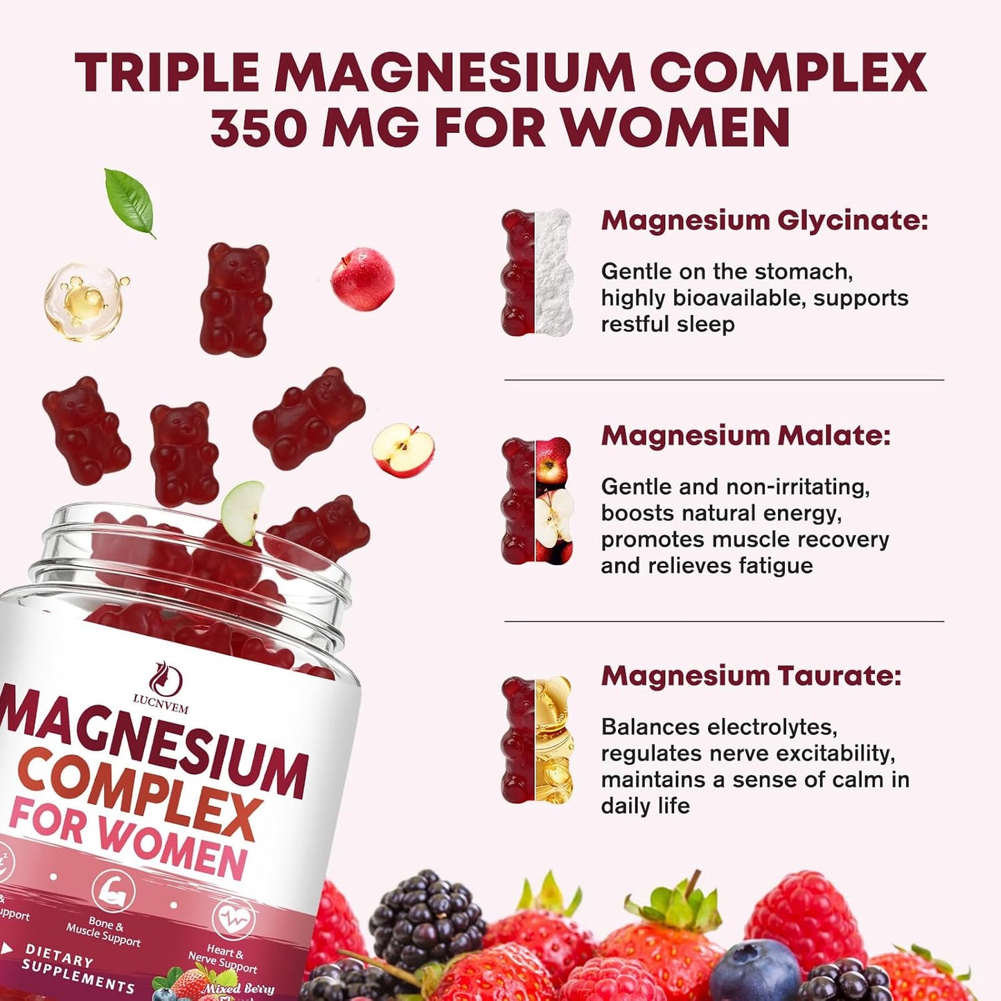 Magnesium Complex Gummies for Women, Triple Magnesium Complex with Glycinate, Malate, Taurate, Magnesium Complex 350 mg with L-theanine & Glycine for Relax, Sleep, Immune Support, Sugar Free, 60 Ct