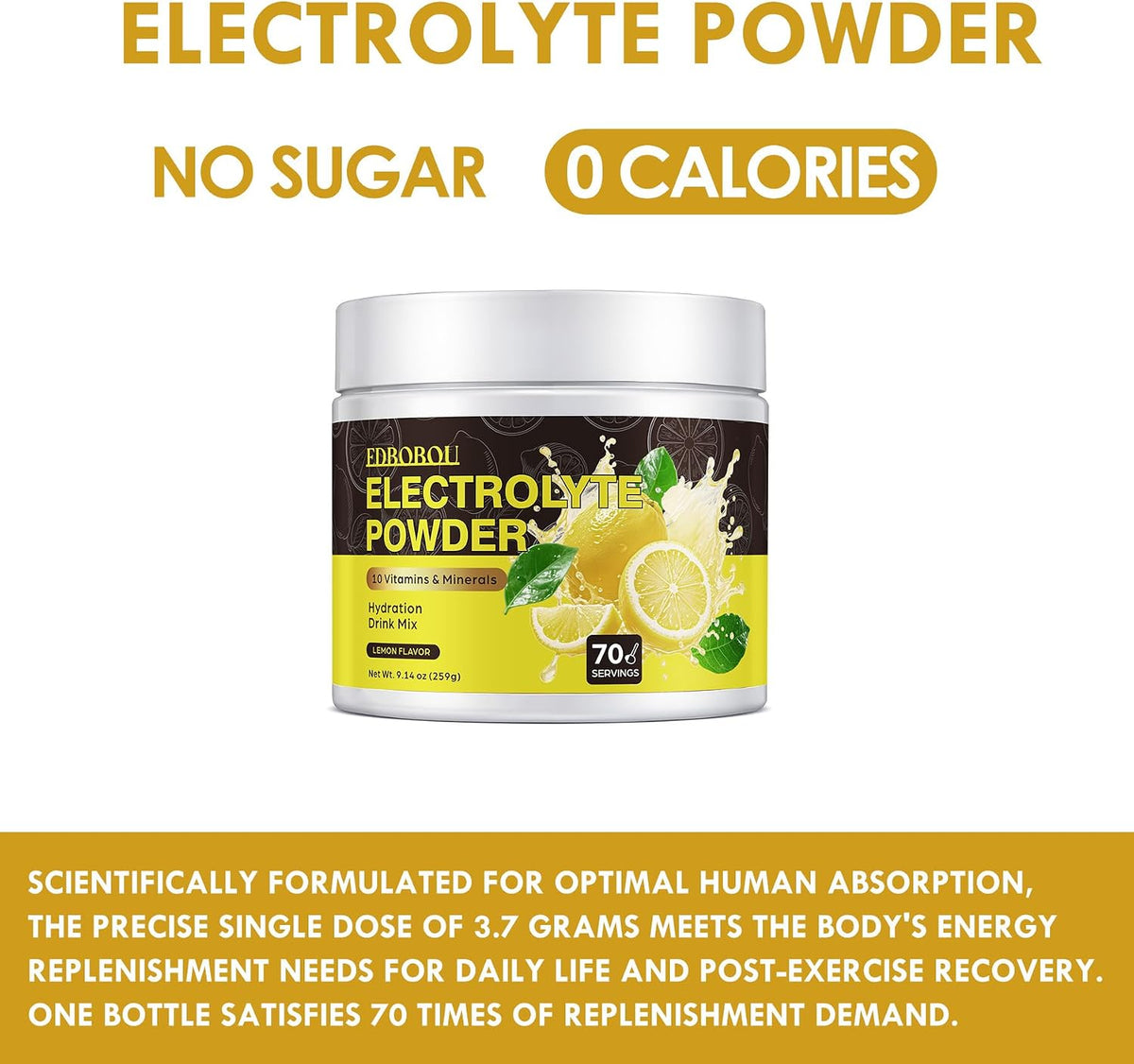 Sugar Free Electrolyte Powder - Lemon Flavor 70 Servings Refreshing Hydration Mix with Potassium, Sodium & Magnesium Fast-Absorbing Hydration Supplement, Gluten-Free, Ideal for Athletes