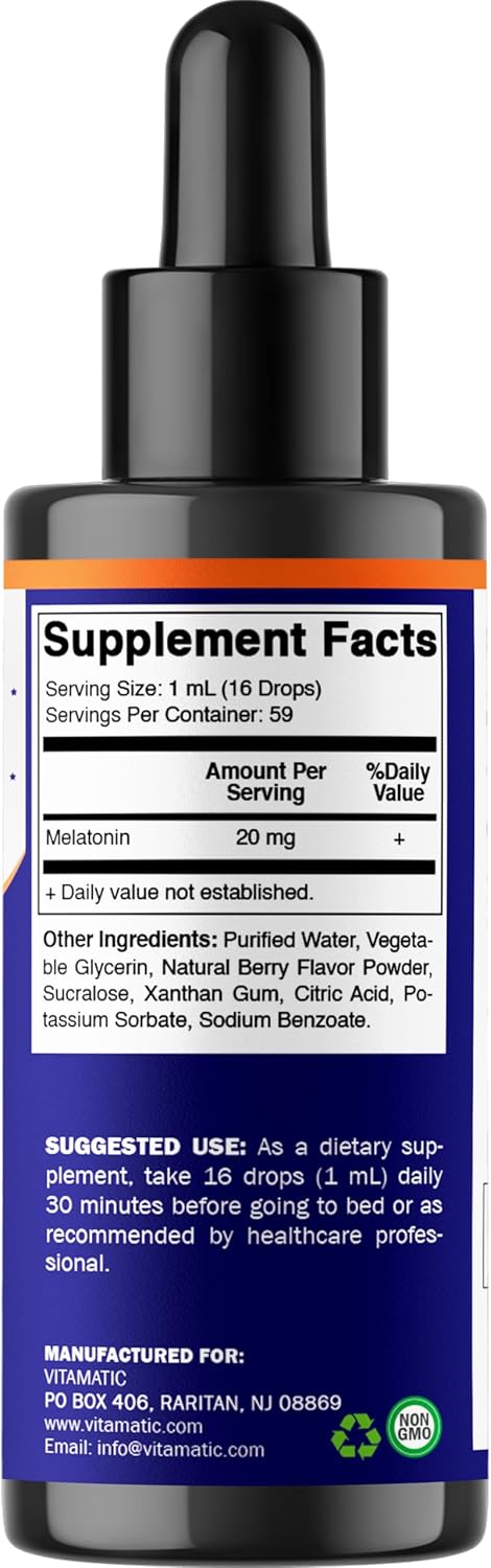 Vitamatic Liquid Melatonin 20 mg, 2 fl oz (59 mL) - 2 Pack | Sleep Support*, Natural Berry Flavor, Non GMO, Gluten Free, Made in USA