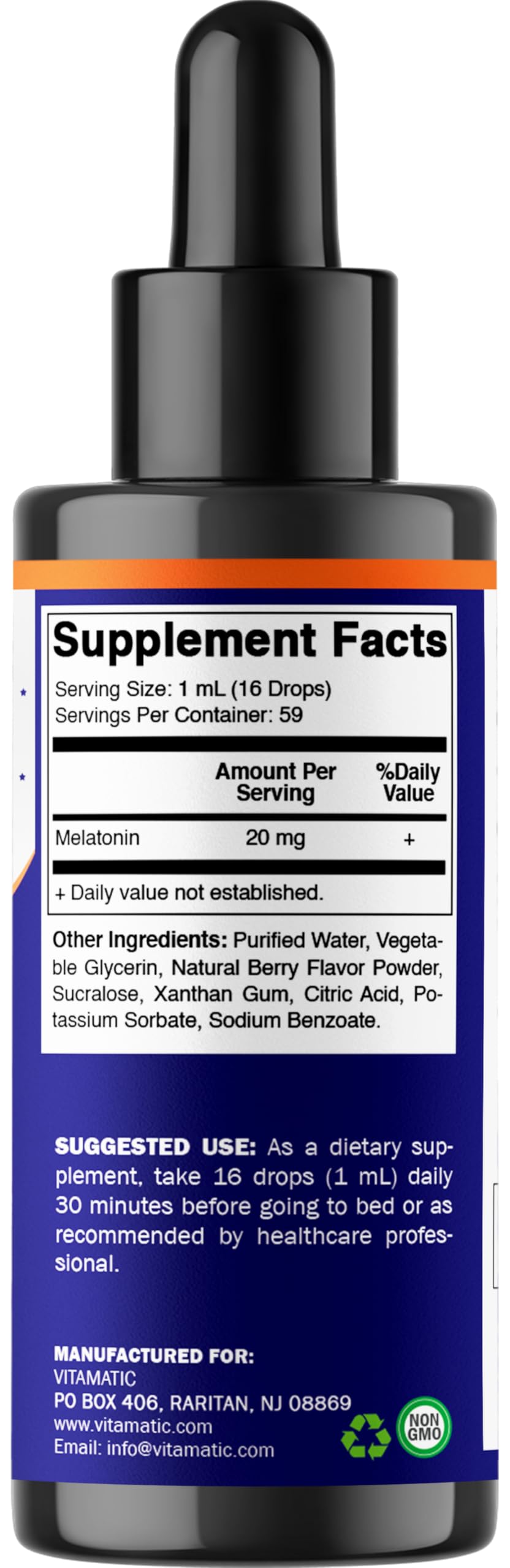 Vitamatic Liquid Melatonin 20 mg, 2 fl oz (59 mL) - 2 Pack | Sleep Support*, Natural Berry Flavor, Non GMO, Gluten Free, Made in USA