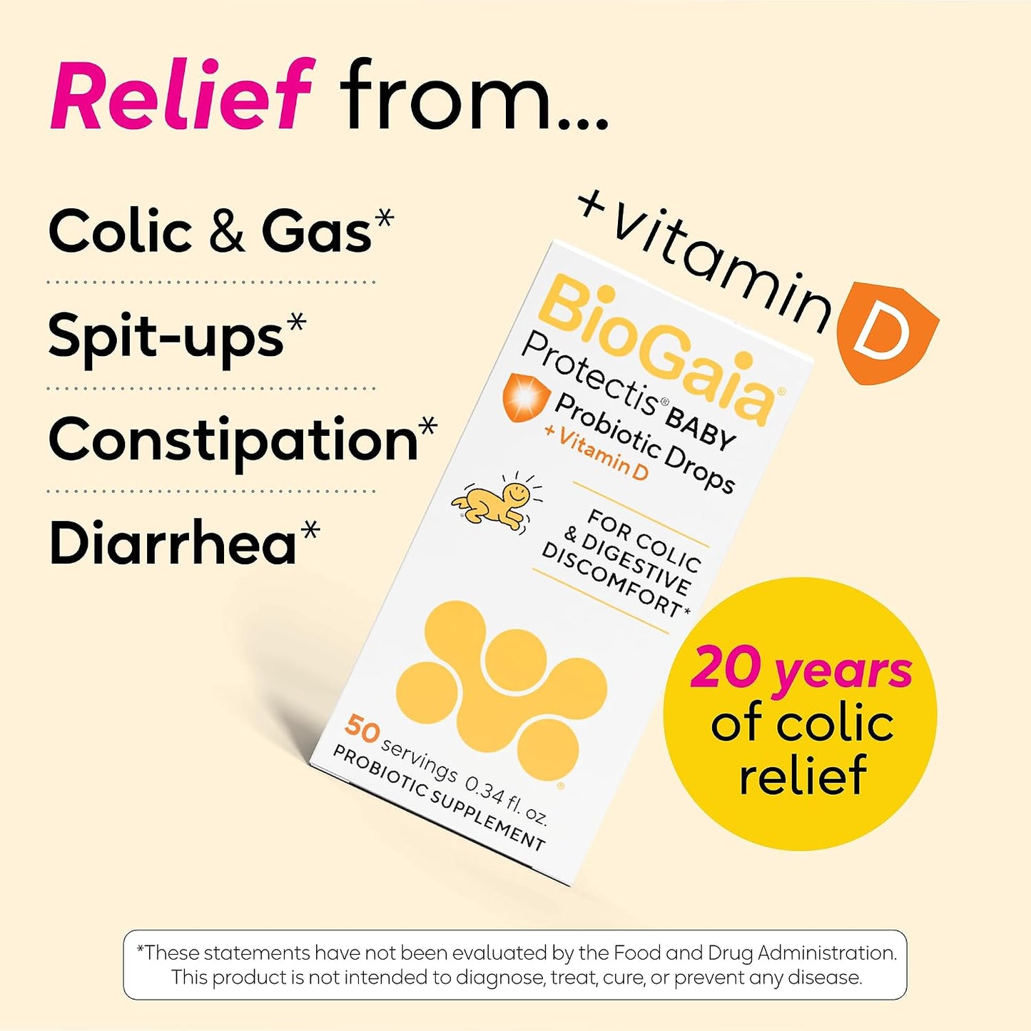 BioGaia Baby Probiotic Drops + Vitamin D | Colic & Gas Relief | 50 Servings | Pediatrician-recommended | Ease Crying, Fussing, Colic, Gas, Spit-ups & Occasional Constipation + Vit D | Safe for Newborns