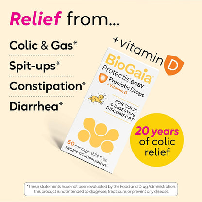 BioGaia Baby Probiotic Drops + Vitamin D | Colic & Gas Relief | 50 Servings | Pediatrician-recommended | Ease Crying, Fussing, Colic, Gas, Spit-ups & Occasional Constipation + Vit D | Safe for Newborns