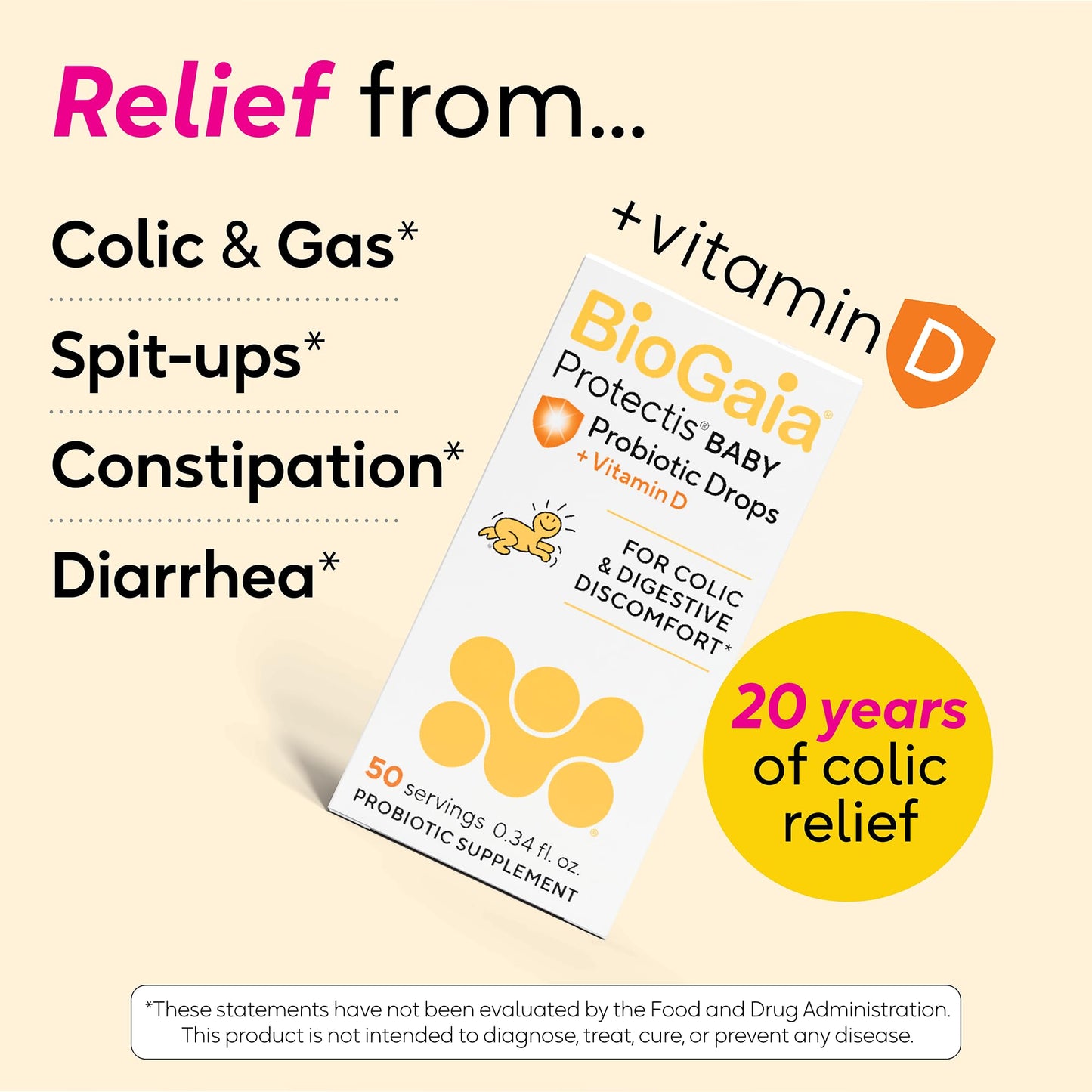 BioGaia Baby Probiotic Drops + Vitamin D | Colic & Gas Relief | 50 Servings | Pediatrician-recommended | Ease Crying, Fussing, Colic, Gas, Spit-ups & Occasional Constipation + Vit D | Safe for Newborns
