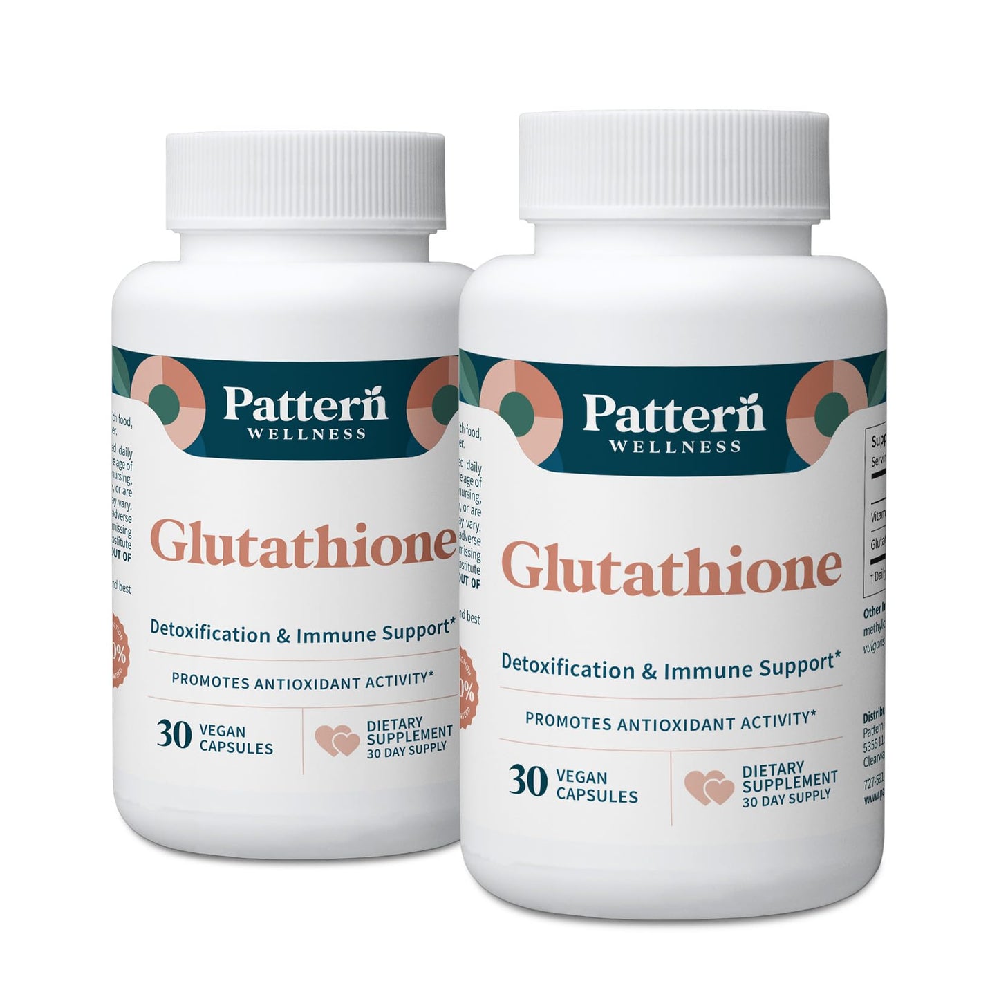 Pattern Wellness Glutathione Supplement - Active Reduced Glutathione Formula with Added Vitamin C - Cell, Antioxidant, + Immune Health Support - 30 Vegan Capsules