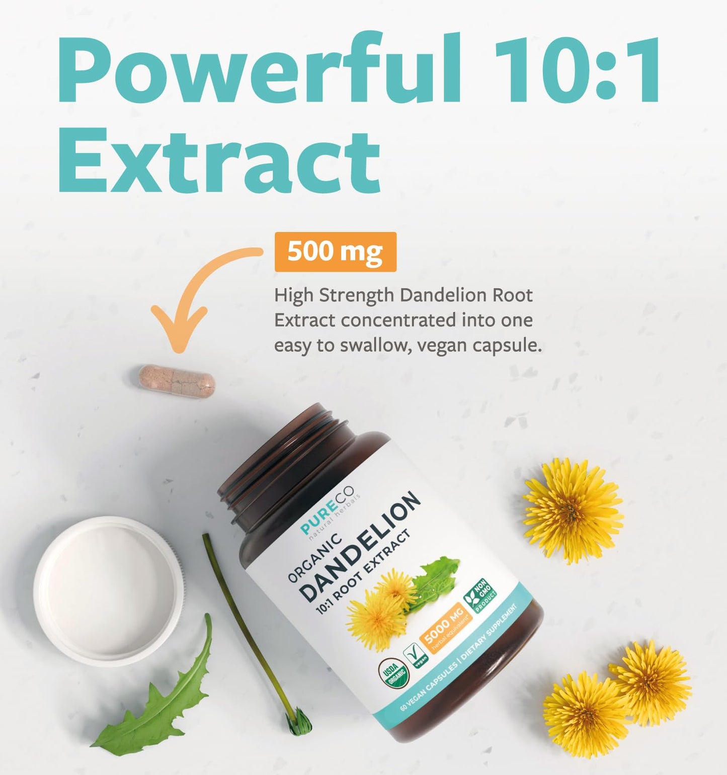 USDA Organic Dandelion Root Extract - High Potency 10:1 Dandelion Root Supplement with 5000mg Herbal Equivalent Strength for Liver Cleanse Detox & Repair Support - Vegan & Non-GMO (2 Month Supply)