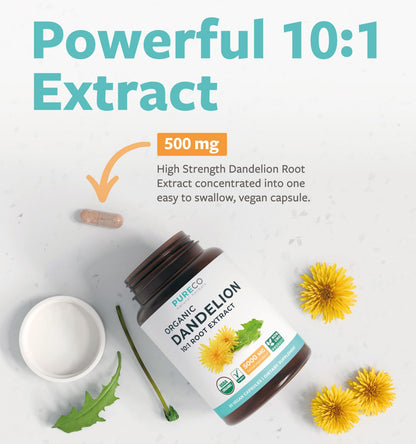 USDA Organic Dandelion Root Extract - High Potency 10:1 Dandelion Root Supplement with 5000mg Herbal Equivalent Strength for Liver Cleanse Detox & Repair Support - Vegan & Non-GMO (2 Month Supply)