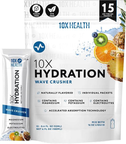 10X Health Electrolyte Drink Mix - Wave Crusher, 15 Sticks | Hydration Packets: Sodium, Magnesium & Potassium Citrate, Wave Crusher, 15 Sticks