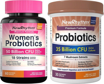 NewRhythm Probiotics Bundle: Women's Probiotics, 50 Billion, Support Digestive Health, 60 Capsules and Probiotics 35 Billion CFU, Digestive & Immune, 30 Caps