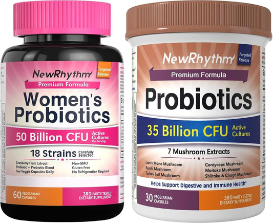 NewRhythm Probiotics Bundle: Women's Probiotics, 50 Billion, Support Digestive Health, 60 Capsules and Probiotics 35 Billion CFU, Digestive & Immune, 30 Caps
