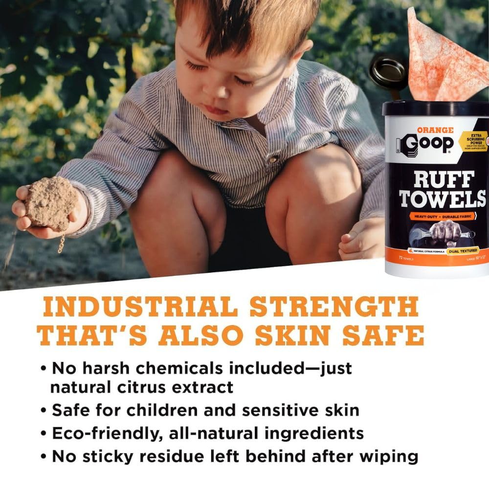 GOOP Orange Heavy Duty Ruff Towels with Scrubbing Power, 10” x 12” Dual Textured Multi-Purpose Cleaning Wipes, Removes Dirt, Grease, Oil, 72 Count