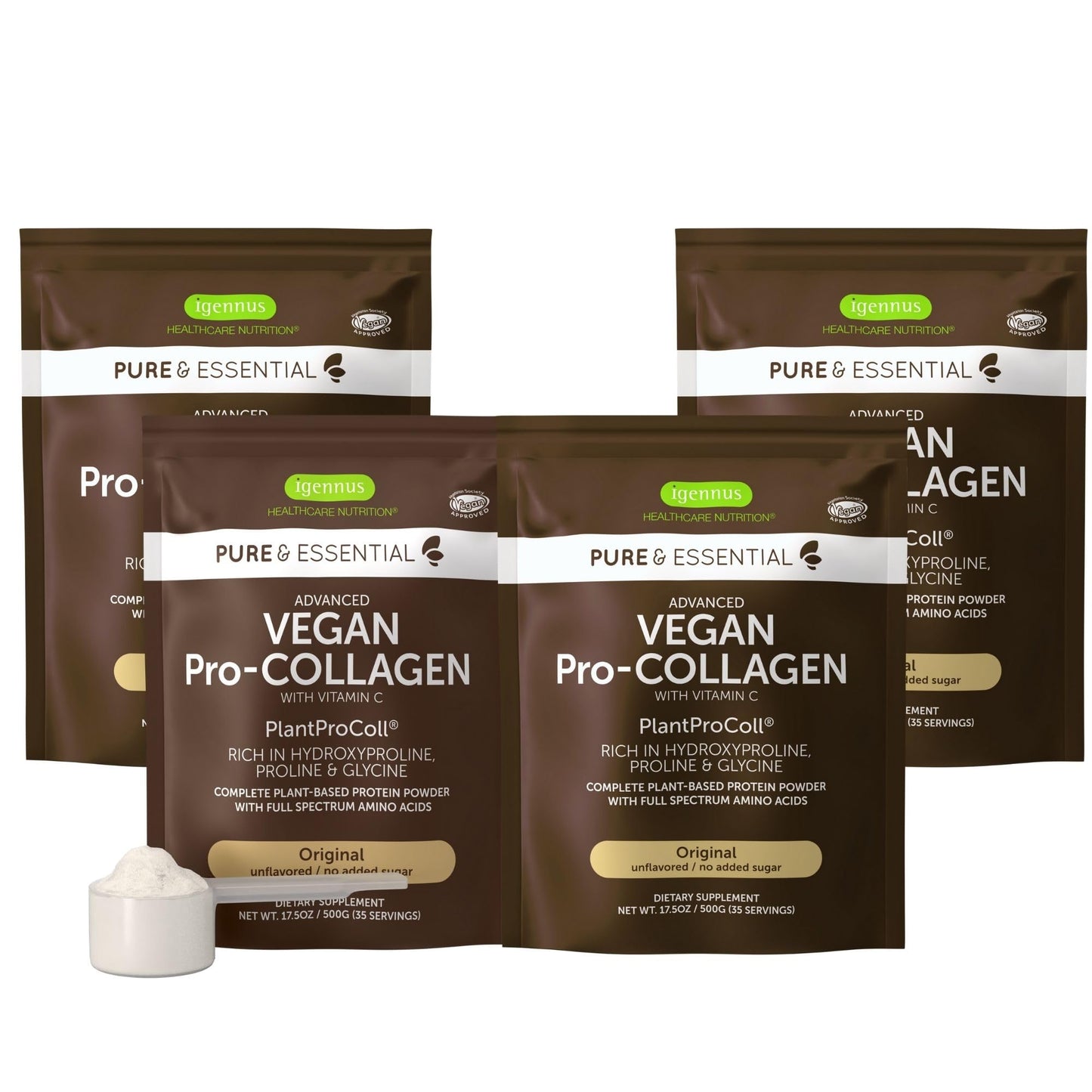 Igennus Vegan Collagen Peptide Powder, Enhanced with Glycine, Proline & Hydroxyproline & Cofactor Vitamin C, Non GMO, Complete Vegetarian Plant Based Collagen Powder Booster, 35 Servings
