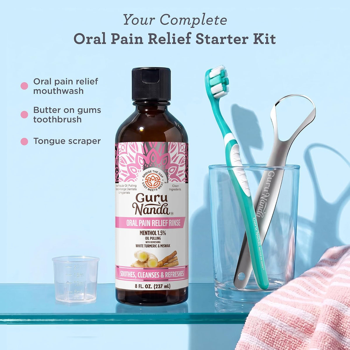GuruNanda Oral Pain Relief Oil Pulling Mouthwash, Miswak & Clove Oil, 8oz