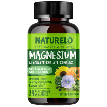 NATURELO Magnesium Glycinate Chelate Complex - 200 mg Magnesium with Organic Vegetables to Support Sleep, Calm, Muscle Cramp & Stress Relief - Gluten Free, Non GMO - 120 Capsules
