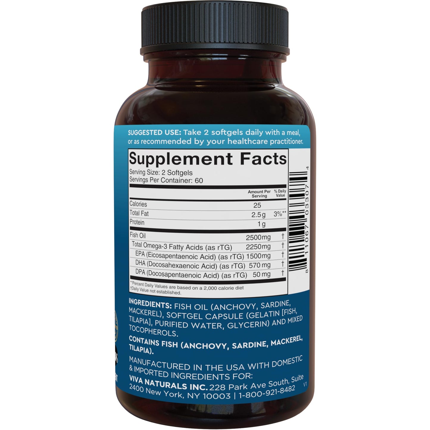 Omega 3 Fish Oil Supplement for Women and Men - 2500 mg Triple Strength Fish Oil per Serving with Omega 3 Fatty Acids Including EPA, DHA DPA - 180 Pescatarian-Friendly Softgels